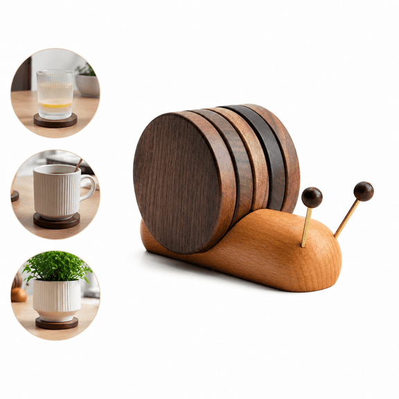 Wooden Coasters Set, 5-Piece Solid Wood Coasters with Magnetic Snail Holder