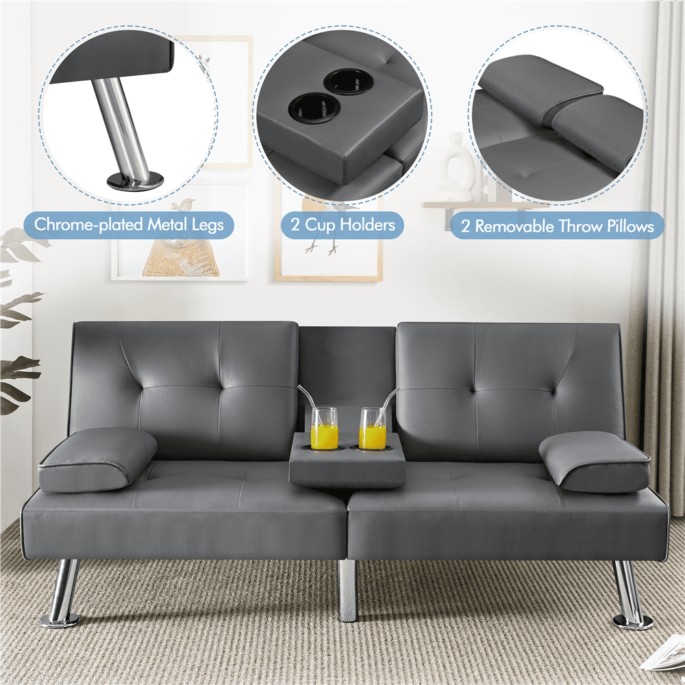 Renwick Modern Faux Leather Convertible Futon Sofa Bed with 2 Throw Pillows & Cup Holders, Gray