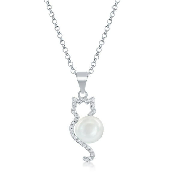 Beaux Bijoux Cat Design with Round Fresh Water Pearl and Simulated Diamond CZ 18” Dainty Necklace Sterling Silver Jewelry for Women or Teens and Cat Lovers-Dainty Cat