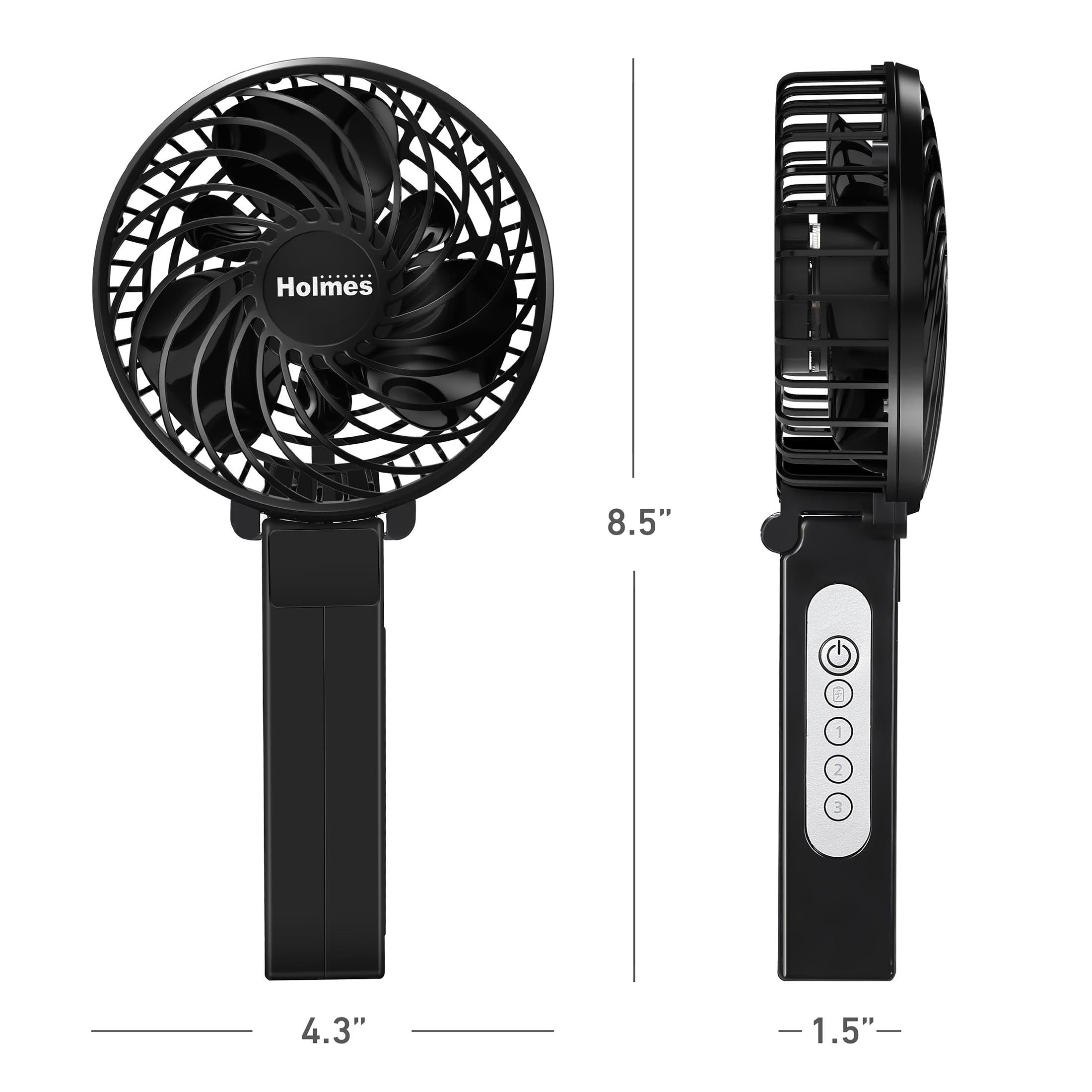 Holmes 4" Rechargeable Handheld Fan, 3-Speed, USB-C, 180° Tilt, Portable, Black