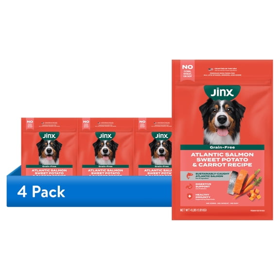 (4 pack) Jinx Salmon, Sweet Potato, & Carrot Grain Free Dry Dog Food, 4 lb Bag