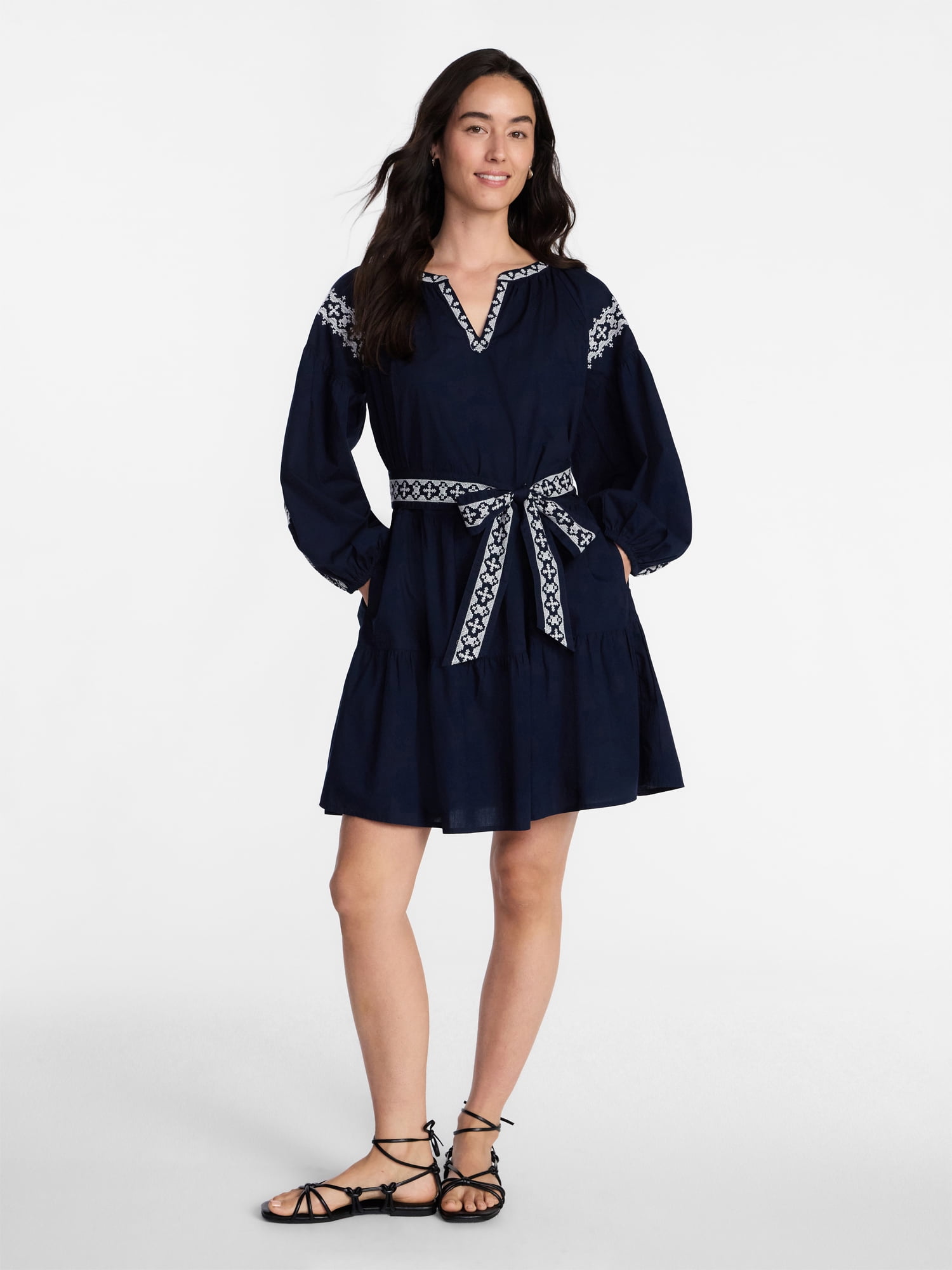 Time and Tru Women's Embroidered Cotton Mini Dress with Long Blouson Sleeves, Sizes XS-XXXL