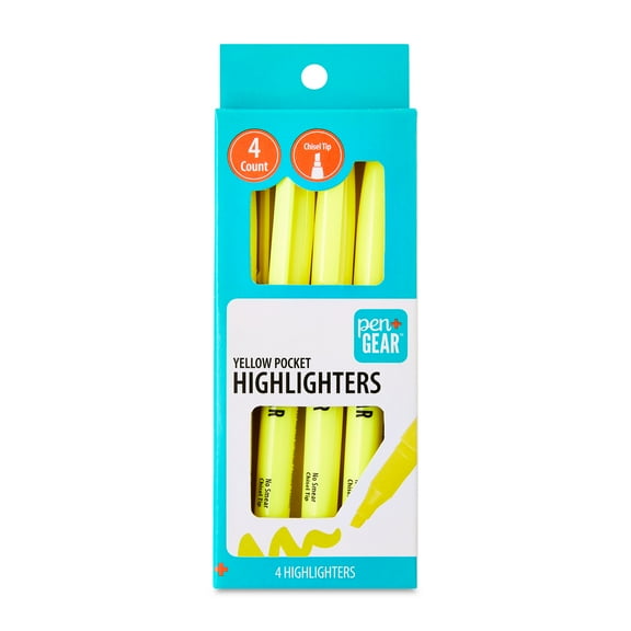 Pen+Gear Pocket Highlighters, Chisel Tip, Yellow, 4 Count