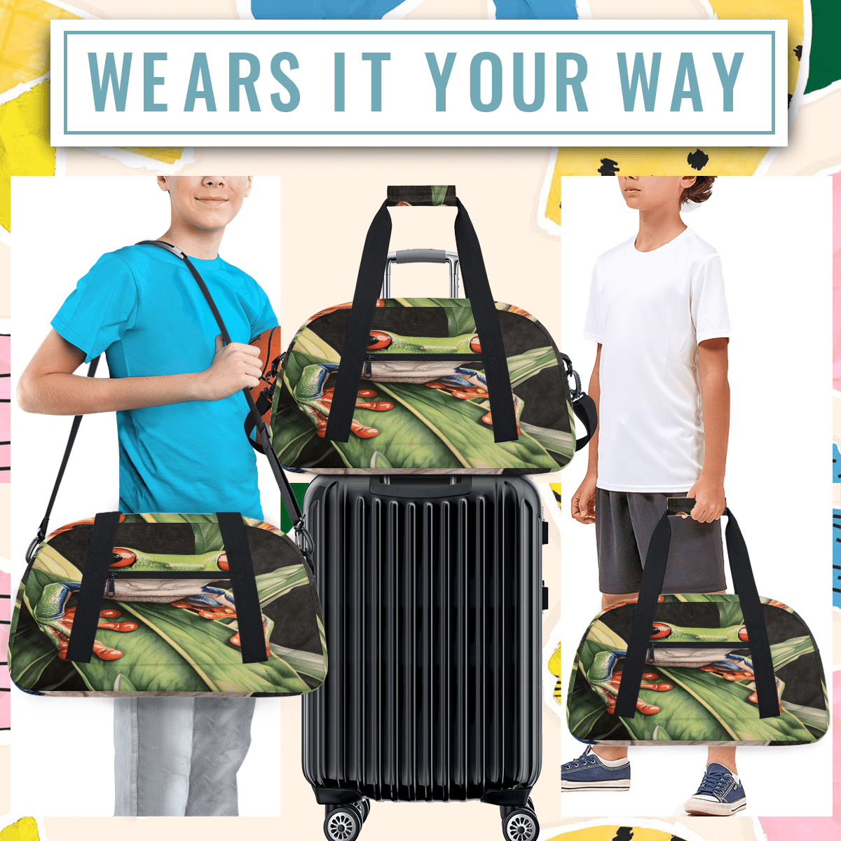 Herdesigns Forest Tree Frog Sports Duffle Bags Travel Duffle Bag Gym Bag Animals Palm Leaves Weekender Travel Bag Waterproof Overnight Bag Carry On Travel Tote Bag Dance Bags