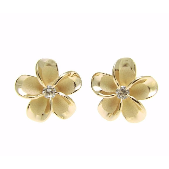925 sterling silver yellow gold plated Hawaiian plumeria flower earrings post stud cz 12mm