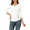 Allegra K Women's Button Decor V Neck 3/4 Sleeve Solid Knitted Ruched Blouse