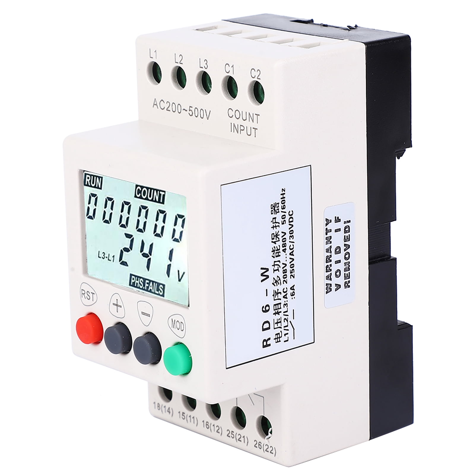 Phase Failure Protection Relay, Voltage Monitoring Rail Mounted Timekeeping With LCD Display Fault Record RD6-W 208-480VAC Pump for Fan