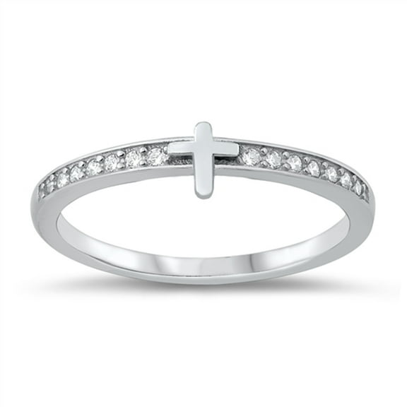 White Cubic Zirconia Thin Cross Ring .925 Sterling Silver Band Jewelry Female Male Unisex Size 6