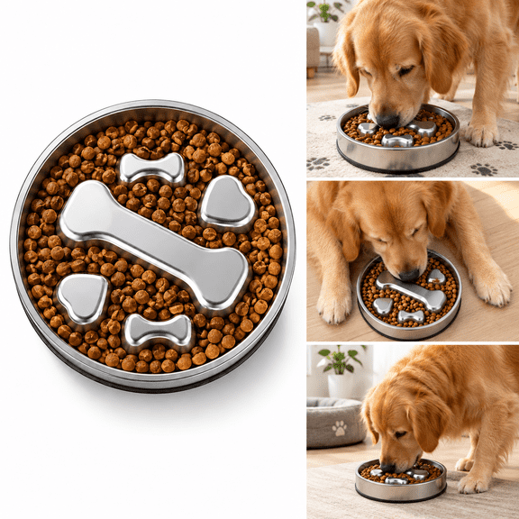 Slow Feeder Dog Bowl - Stainless Steel Dog Slow Feeder Food Bowl, Metal Non-Slip Lick Plate,Pet Supplies,Puzzle Maze Dish for Small & Medium Sized Breeds