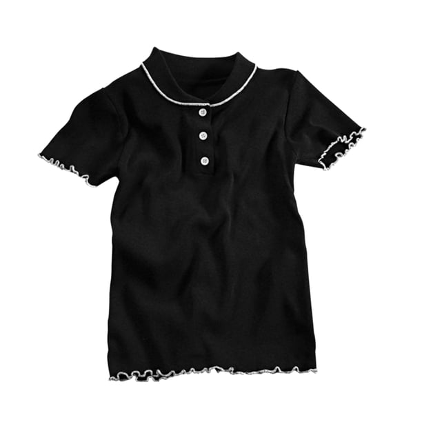 Camisa De Punto Mujer Verano Con Volantes Manga Corta Cuello De Muñeca Casual Top, Negro Advancent AP001288-03B