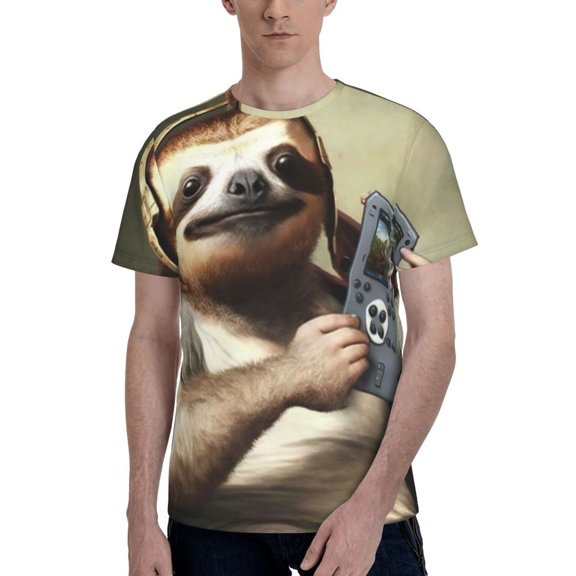 Men's 3D Graphic T Shirts Casual Short Sleeve Tee Top, Funny Sloth Play Games Galaxy Space
