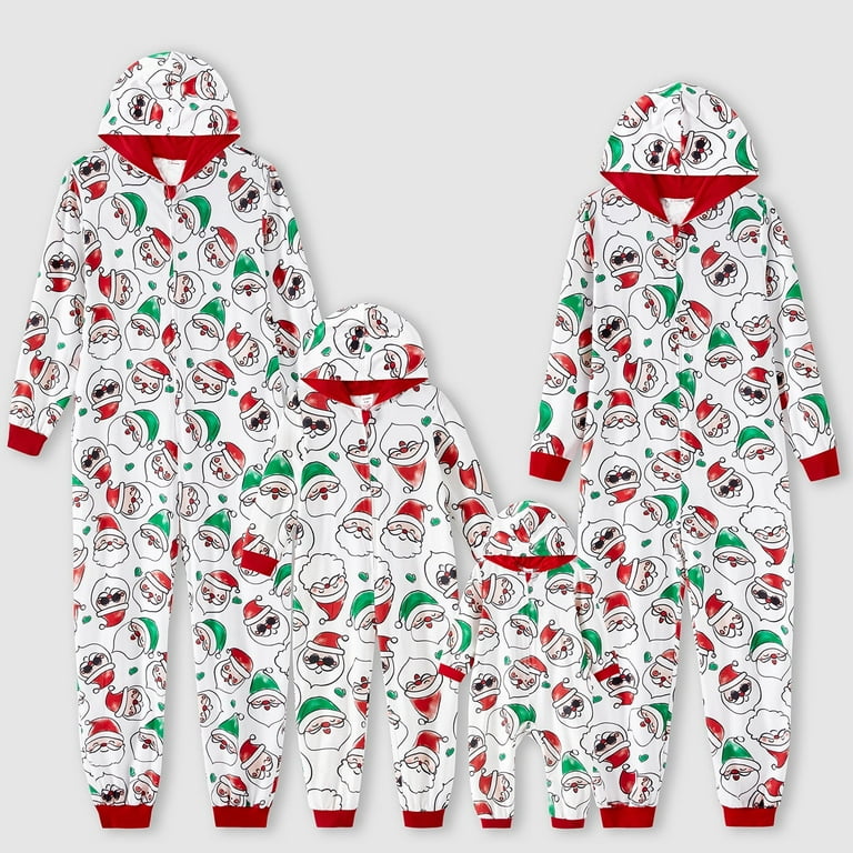 PatPat Red/White Mommy and Me Christmas Family Matching Allover Santa Claus  Print Long-sleeve Hooded Zipper Onesies Pajamas 