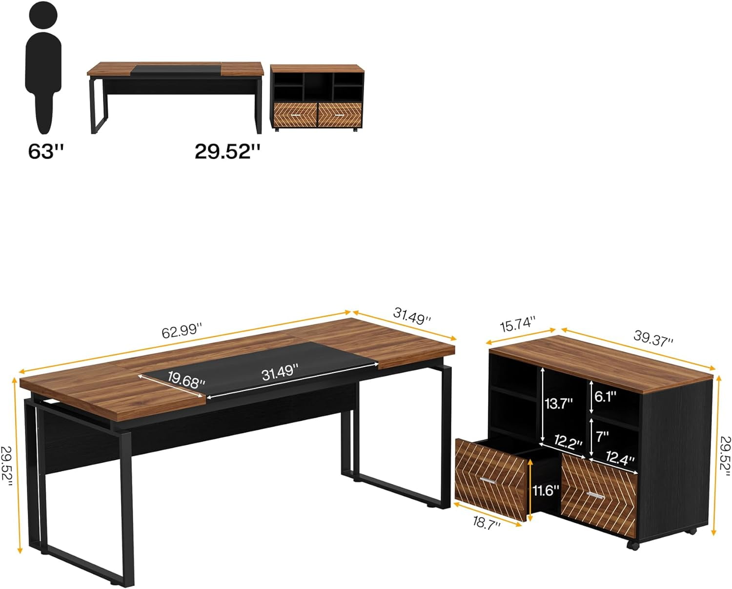 L-Shaped Executive Desk with Reversible File Cabinet, 3" Office Desk with Storage Drawers, Walnut & Black