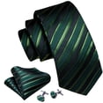 thumbnail image 2 of Barry.Wang Green Tie Sets for Men Silk Stripe Necktie Woven Handkerchief Cufflinks Formal Business Wedding Black 4PCS, 2 of 4