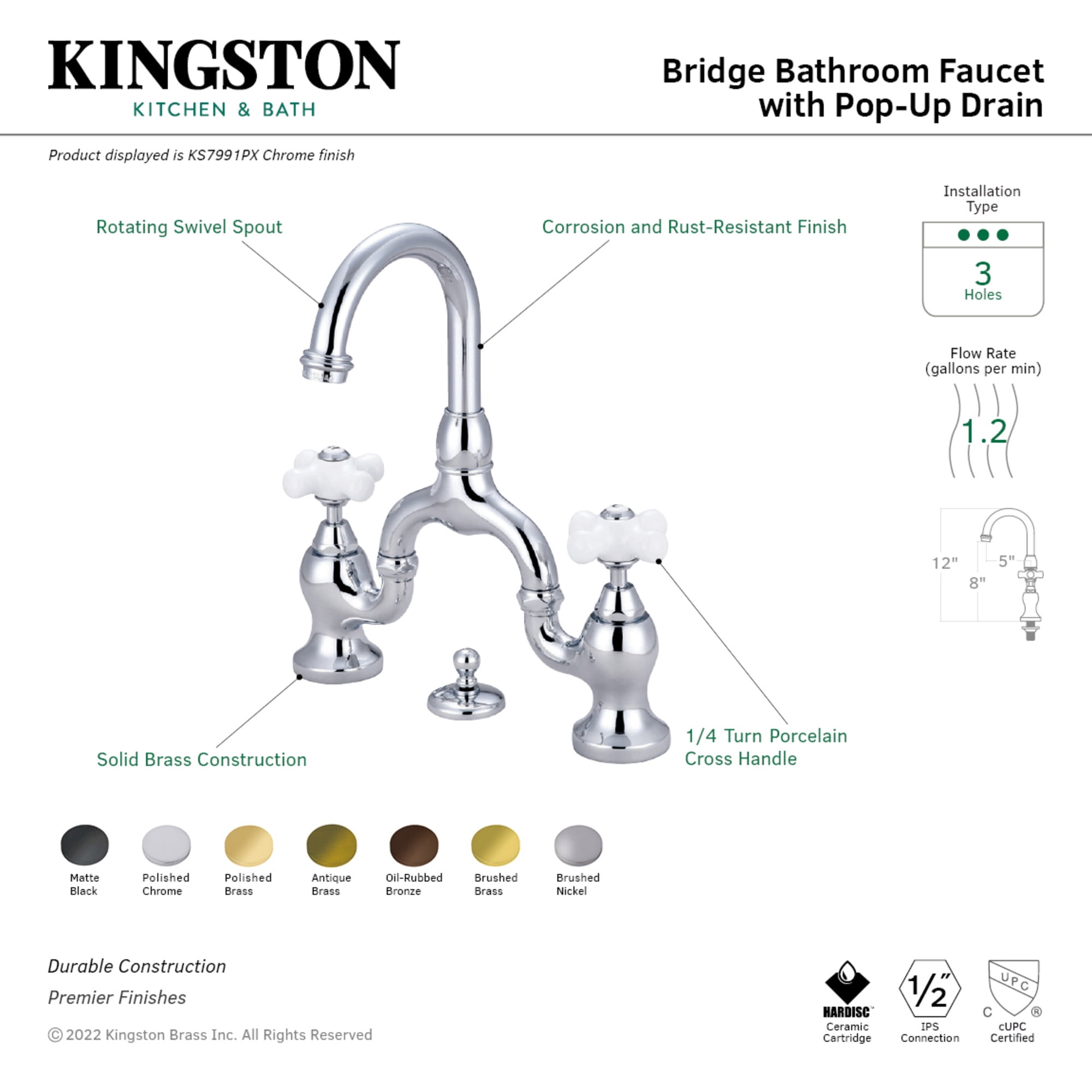 Kingston Brass KS7998PX English Country Bridge Bathroom Faucet with Brass Pop-up, Brushed Nickel