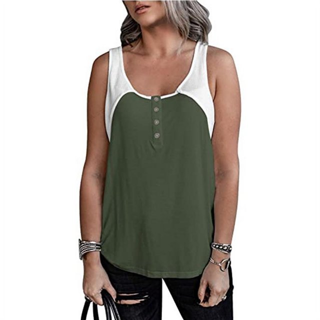 New Women's Camis Sleeveless Tee Casual Crewneck Tank Top Button Patchwork Vest
