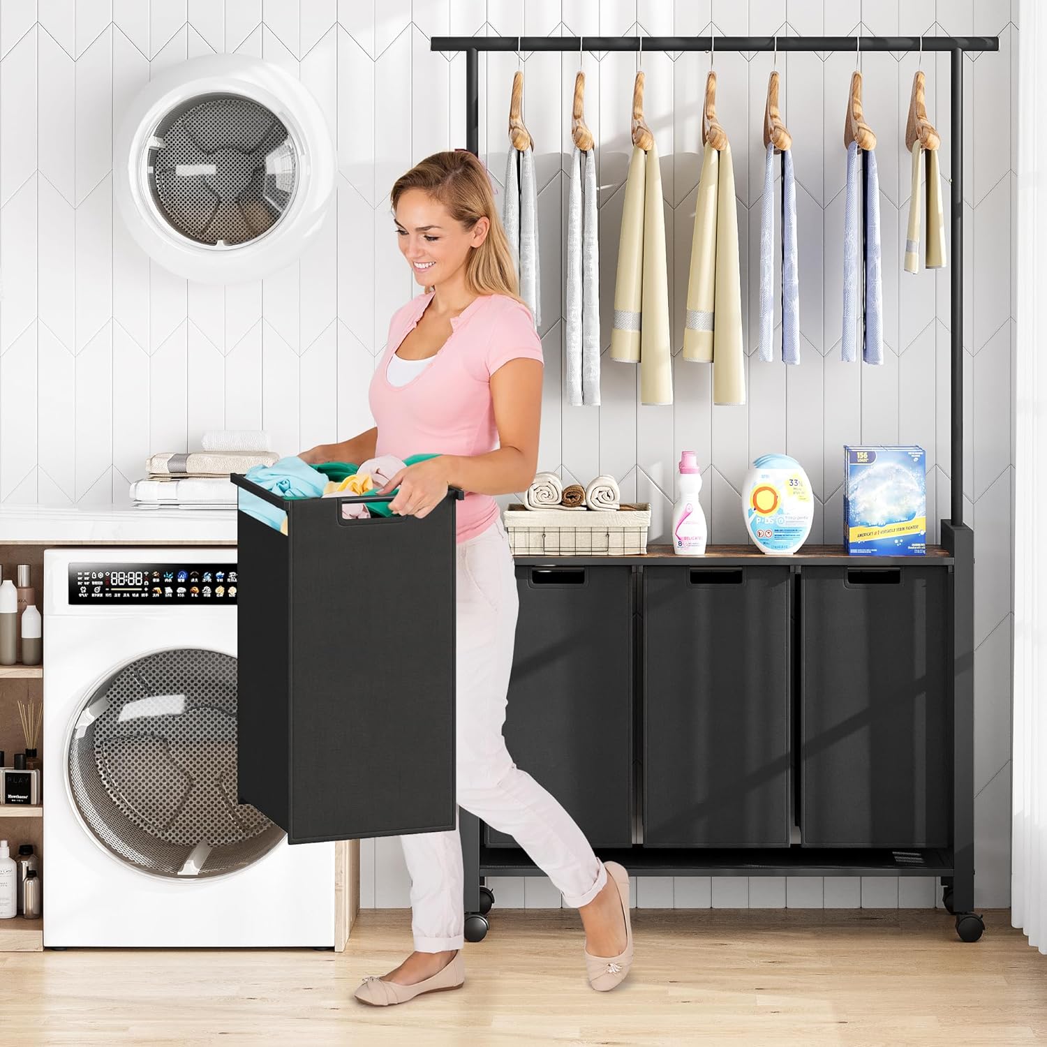 Laundry Hamper Sorter with Retractable Hanging Rod & Locking Wheels - Heavy Duty Laundry Room Organizer with Shelf，3 Hamper