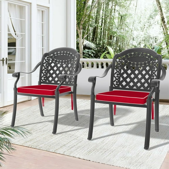 Cast Aluminum Patio Dining Chair 2PCS With Black Frame and Red Cushions