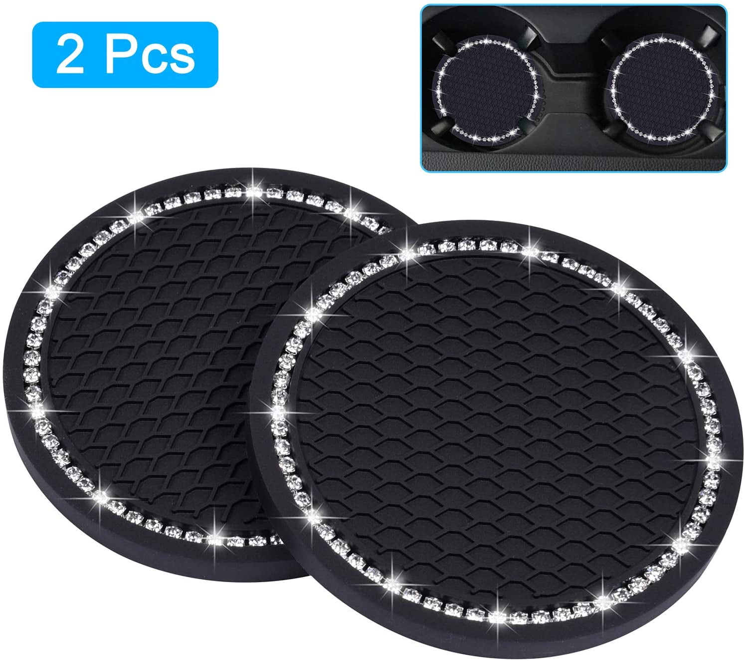 Black Car Coasters Anti Slip Car Cup Holder 2.75 inch Universal Bling Coasters for Cup Holders Cute Car Accessories for Women and Girl 2 PCS 