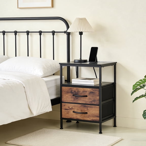 KPUY Night Stand with Charging Station, Bedside Table End Table with USB Ports & Type-C, 2 Fabric Drawers, Open Storage Shlef, Black and Brown