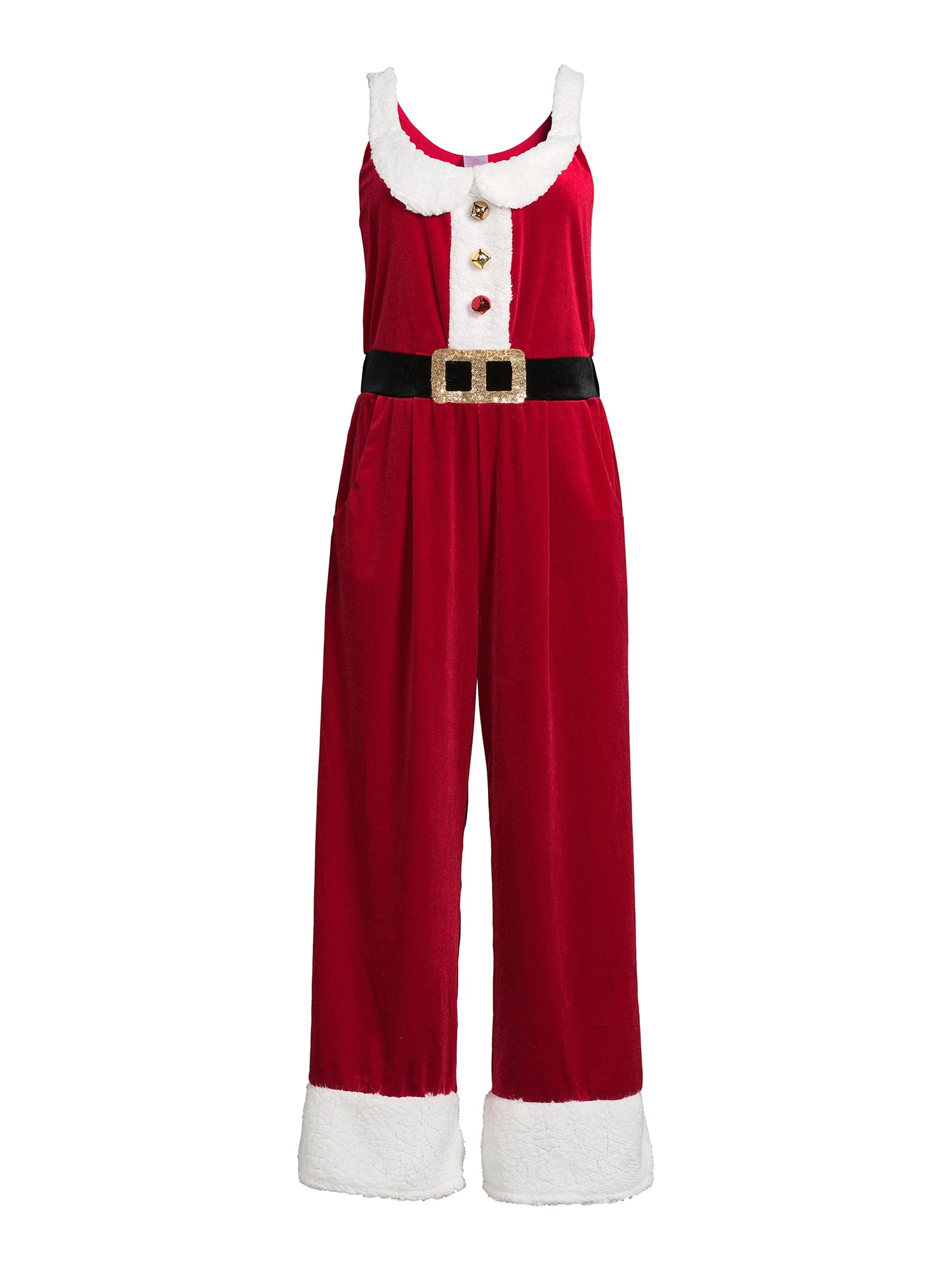 Women Christmas Overalls Sleeveless Velvet Wide Leg Romper Pants Santa ...