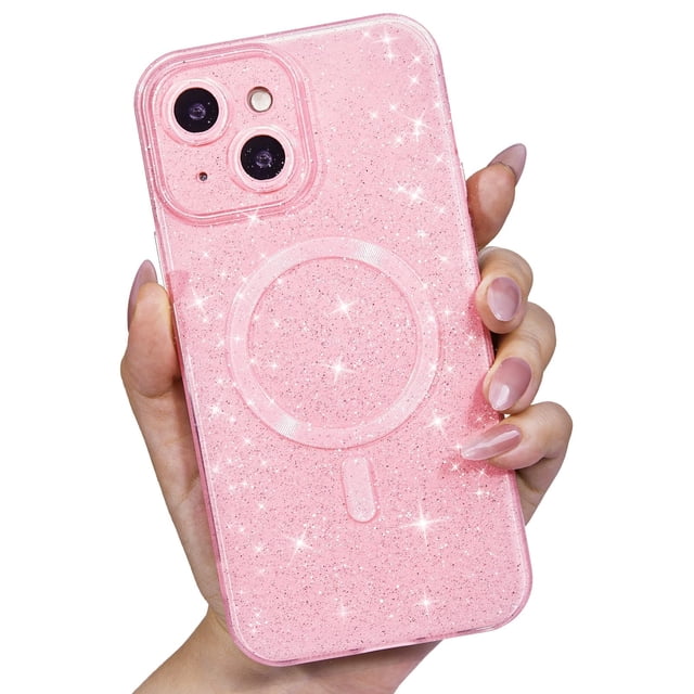 Loeoel Funda Para Iphone 14 Con Purpurina Compatible Con Magsafe Girly Cute Sparkly Magnetic Mag Safe Pretty Phone Case Para Mujer Bedazzled Bling Sparkle Slim Bright Silicone Rubber Jelly Rosa Claro