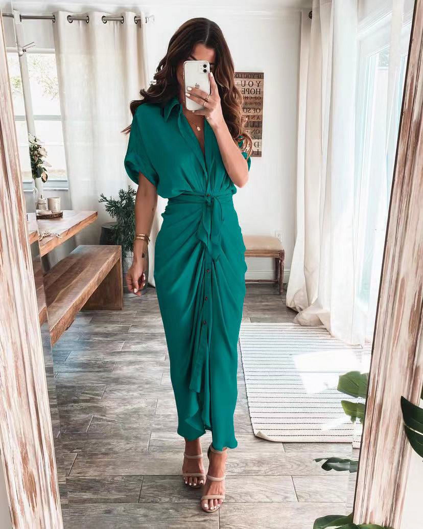 emerald green satin shirt dress Aja Mini Dress - Emerald main image 1