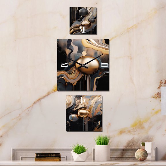 Designart "Marble Mirage Gold and Black III" Marble Multipanel Clock For Living Room Décor - Large Contemporary Wall Clock - Oversized Gold Wall Clock - Set Of 3