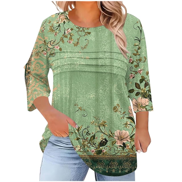 Hauts pour Femmes à Manches 3/4, Blouse Plissée à Col Ras du Cou, Tunique Décontractée et de Travail pour Grande Taille