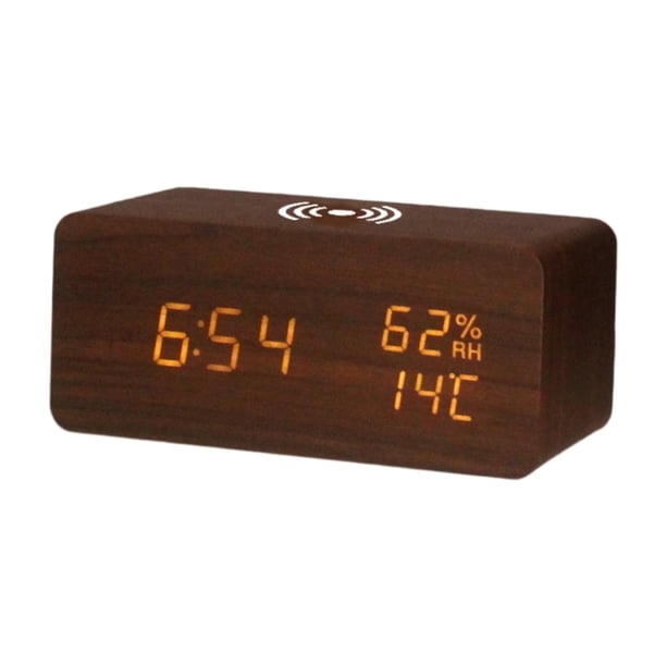 Reloj despertador digital LED, reloj de escritorio, estación de carga, brillo ajustable, mesa Marrón oscuro