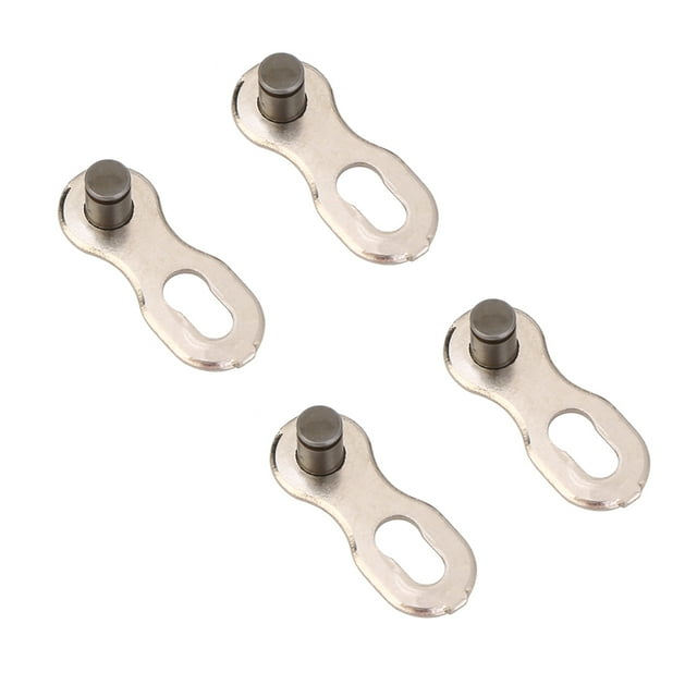 Steel Bike Chain Links, 2 pairs of quick-release chain links made of durable steel with anti-rust properties, shown in a silver finish. Designed for temporary use or bike chain repair, compatible with 11-speed bikes. Each link features a smooth edge to prevent chain damage and ensure seamless rotation. Lightweight at approximately 5g per pair, these links are easy to install without tools.