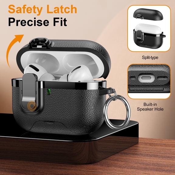 TECH CIRCLE For Apple AirPod Pro 1/2 (1st/2nd Gen) Shockproof Case with Keychain, Compatible with MagSafe Wireless/Wired Charging, Phone Stand, Protective PU Leather Headphone Case, Black