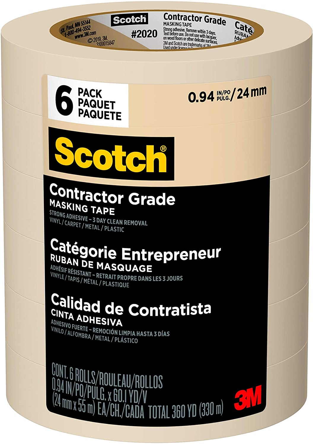 Scotch Contractor Grade Masking Tape, 0.94 inches by 60.1 yards (360 yards  total), 2020, Rolls