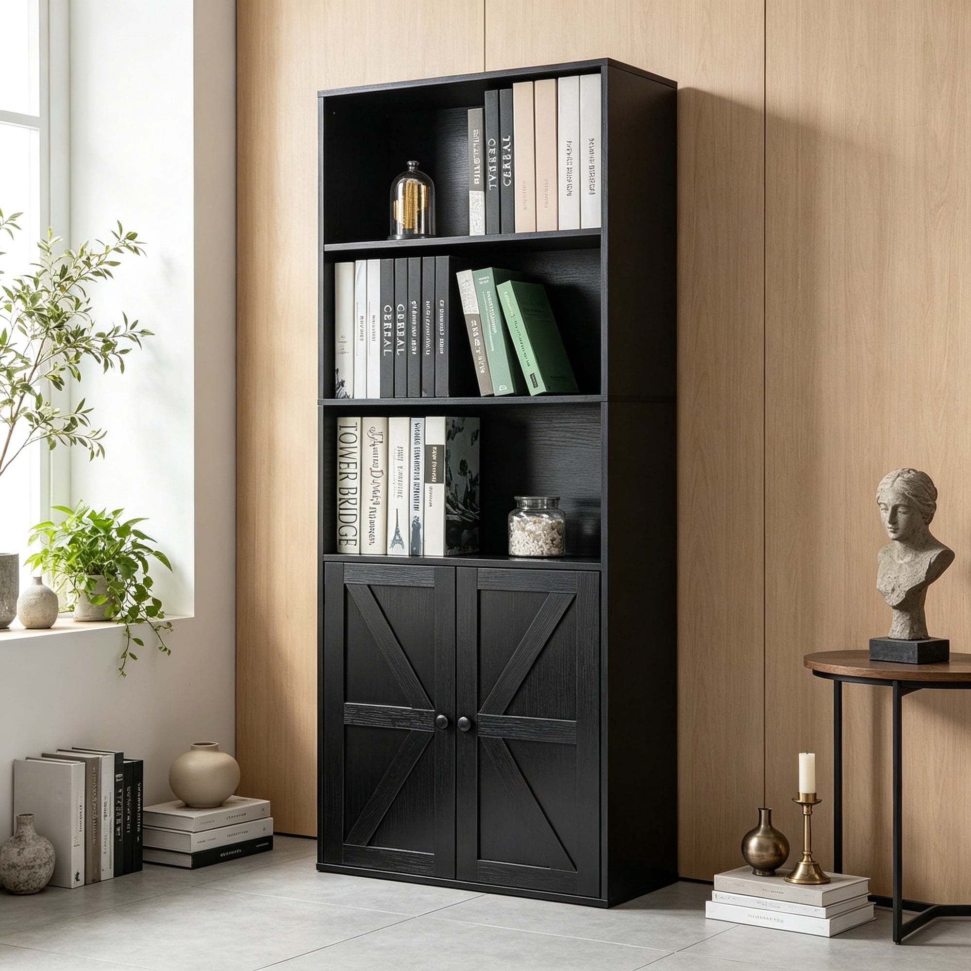 Bookshelves and Bookcases with Barn Doors Farmhouse Bookshelf with Display Shelves Floor Standing 5-Tier Book Shelf with Storage Cabinet for Home Office Living Room Bedroom Black