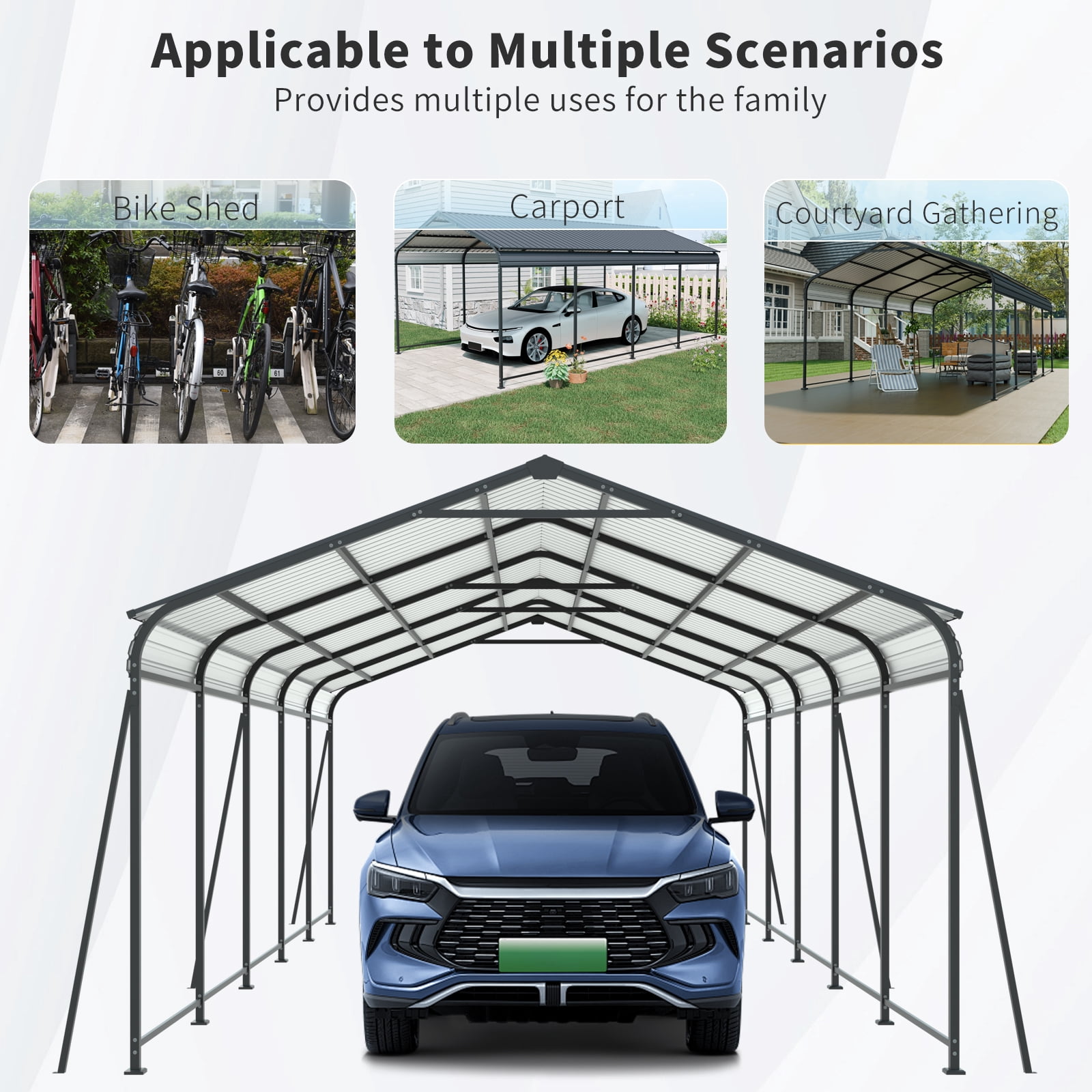 taoruifang 13×26.5 FT Carport Heavy Duty Metal Carport Canopy with Galvanized Steel Roof and Frame 6 Fixed Inclined Square Tube Supports for Driveway Car Truck Boat RV Charcoal