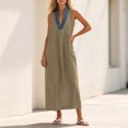 thumbnail image 7 of SAWOBUUN Womens Sleeveless Maxi Dress V Neck Contrast Collar Caftan Dress Casual Loose Fit Cotton Linen Long Sundress with Large Pockets, 7 of 7