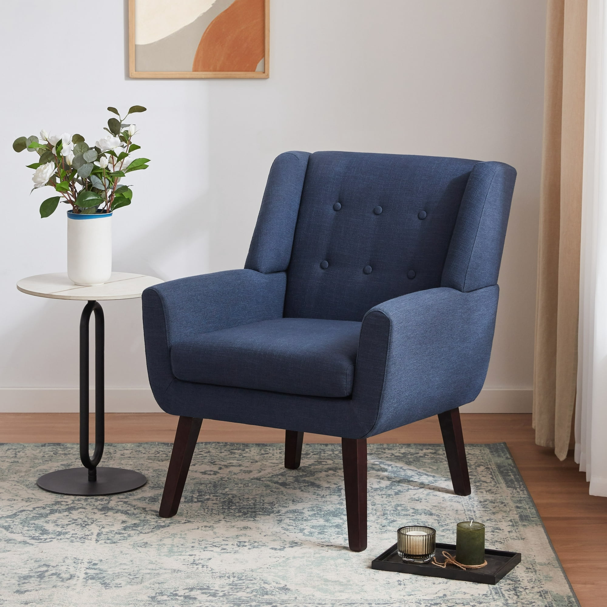 HUIMO Unique Small Armchair Button Tufted Comfy Reading Chair for Living Room Bedroom Dark Blue Walmart