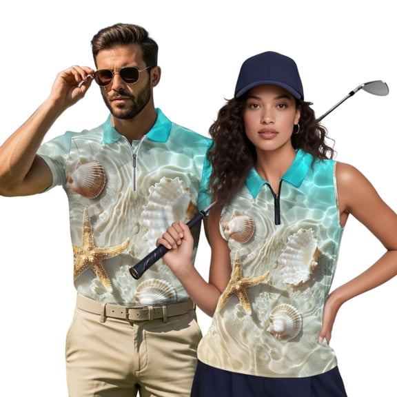 Aplkyhs Starfish Shell Matching Golf Shirts for Couple Quarter Zip His and Hers Golf Shirts Matching Quick Dry Golf Shirts for Men 4-Way Stretch Keep Cool in Hot Weather Fit Plain