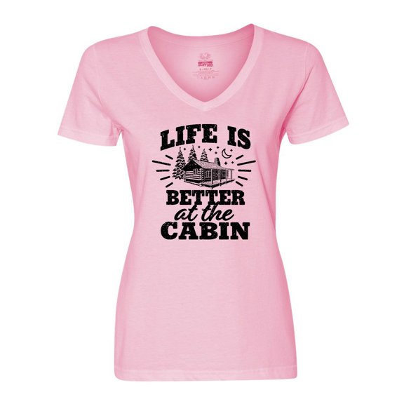 Inktastic Life is Better at the Cabin with Trees and Moon Women's V-Neck T-Shirt