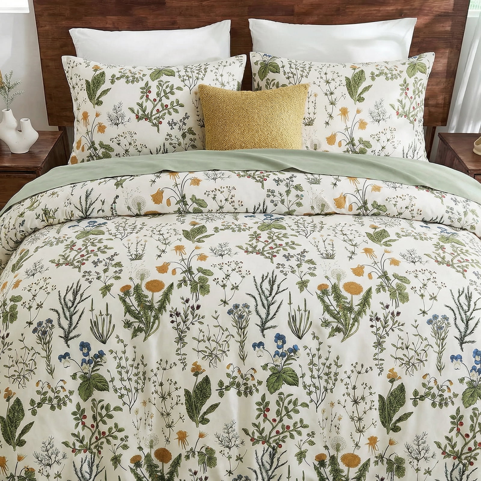 Move Over Green Floral Duvet Cover Set Queen 100% Cotton Floral Bedding Set 3 Pieces Soft and Breathable Vintage Style Green Floral Comforter Cover Set for All Seasons