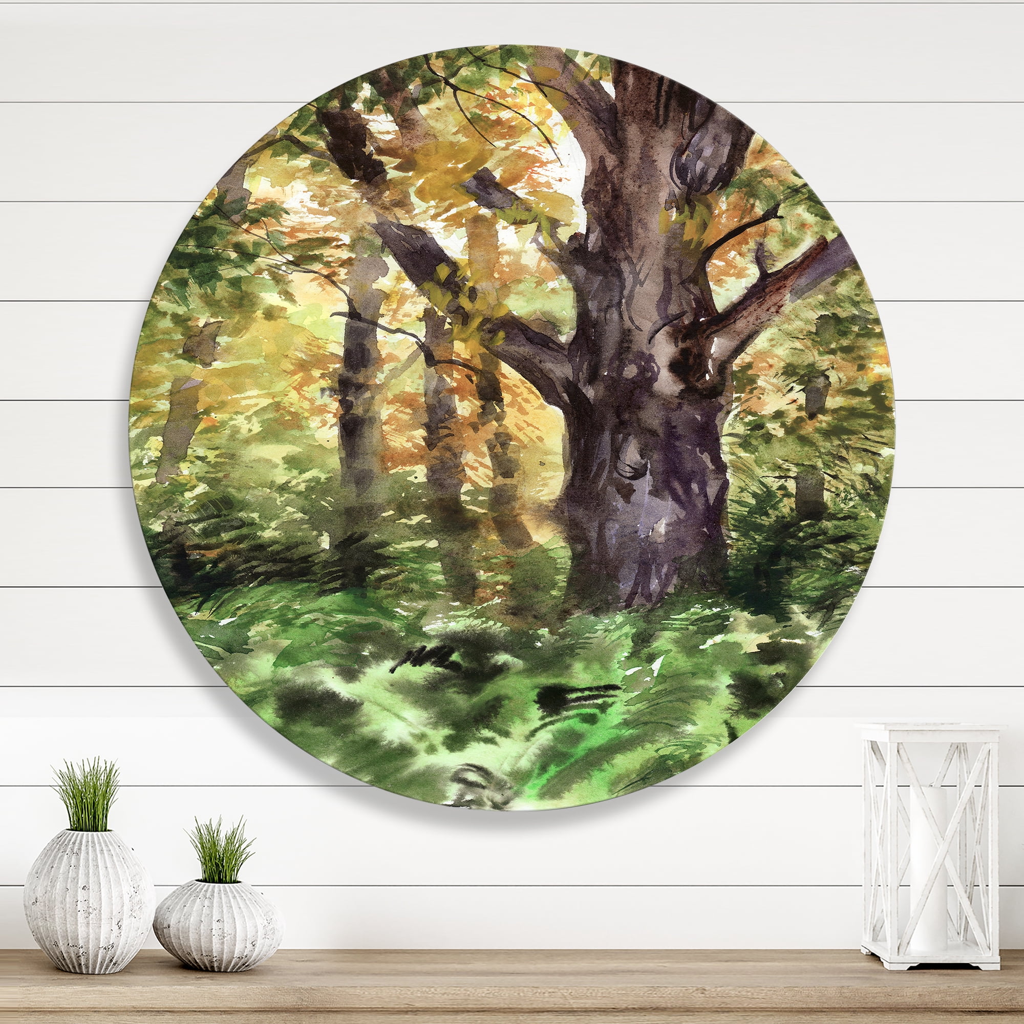 Designart 'Autumn Forest With A Large Tree' Lake House Circle Metal Wall Art 23x23 - Disc of 23
