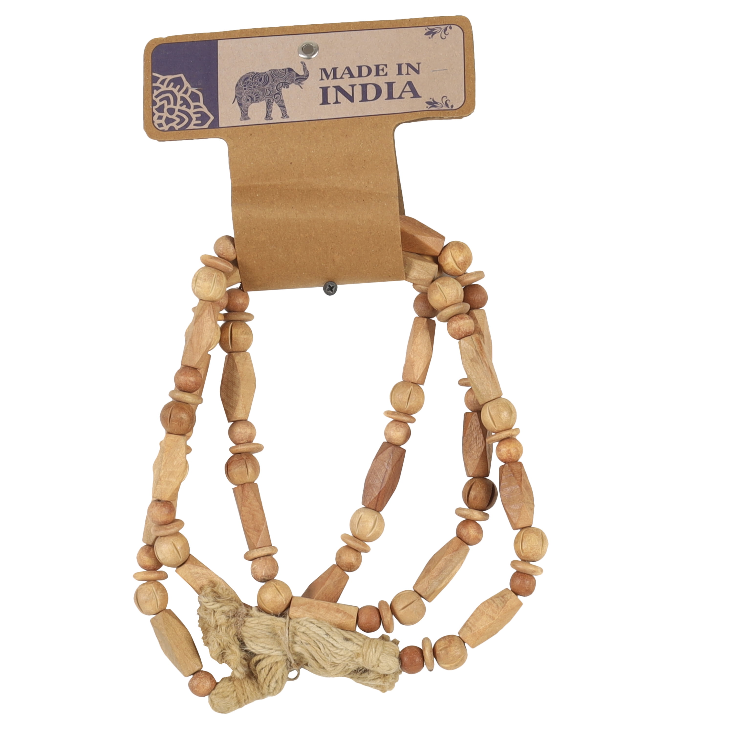DecMode Handmade Rectangle Carved Geometric Long Beaded Brown Mango Wood Garland with Tassel