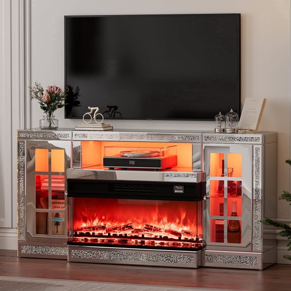 SIKHST Mirrored Fireplace TV Stand with 2 Storage Cabinets and 3D Realistic Flame for Living Room。