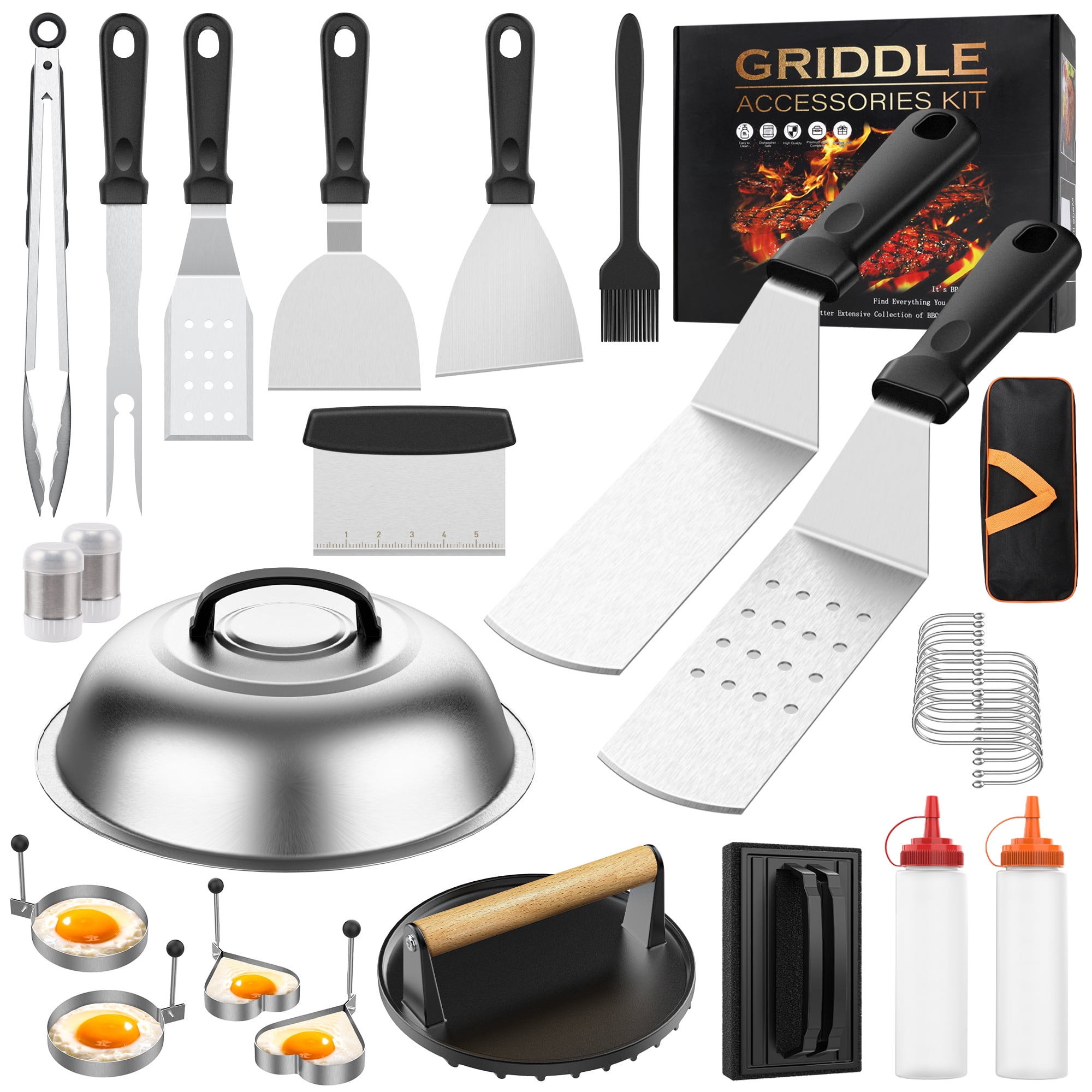 30PCS Griddle Accessories Kit, Flat Top BBQ Grill Tools Set for Blackstone and Camp Chef, Grill Spatula Set with Enlarged Spatulas, Basting Cover, Scraper for Outdoor Barbecue