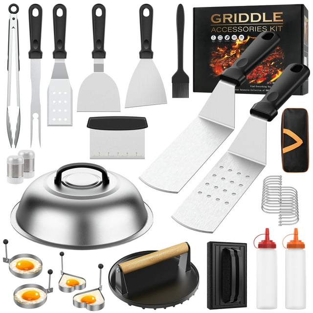 Kit de Accesorios para Plancha de 30 Pzas, Juego de Herramientas para Parrilla de Superficie Plana para Blackstone y Camp Chef, Juego de Espátulas para Parrilla con Espátulas Ampliadas, Cubierta para