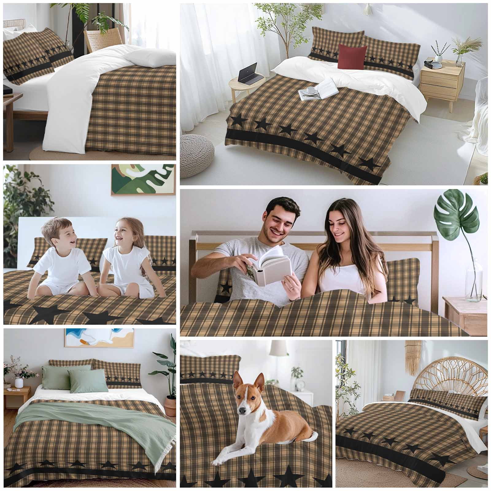 Brown Black Plaid Bedding 3 Piece Duvet Cover Set Twin Size, Vintage Rustic Star Buffalo Check Soft Microfiber Comforter Cover with Zipper Closure & Pillowcases, Wrinkle & FadeResistant Quilt Cover