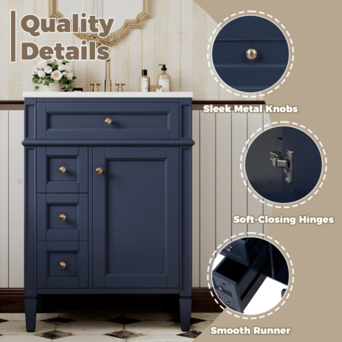 24" Bathroom Vanity with Sink, Modern Freestanding Bathroom Vanity Cabinet with Ceramic Sink, 3 Drawers & Tip-Out Drawer, Adjustable Shelf, Green Storage Cabinet, Blue