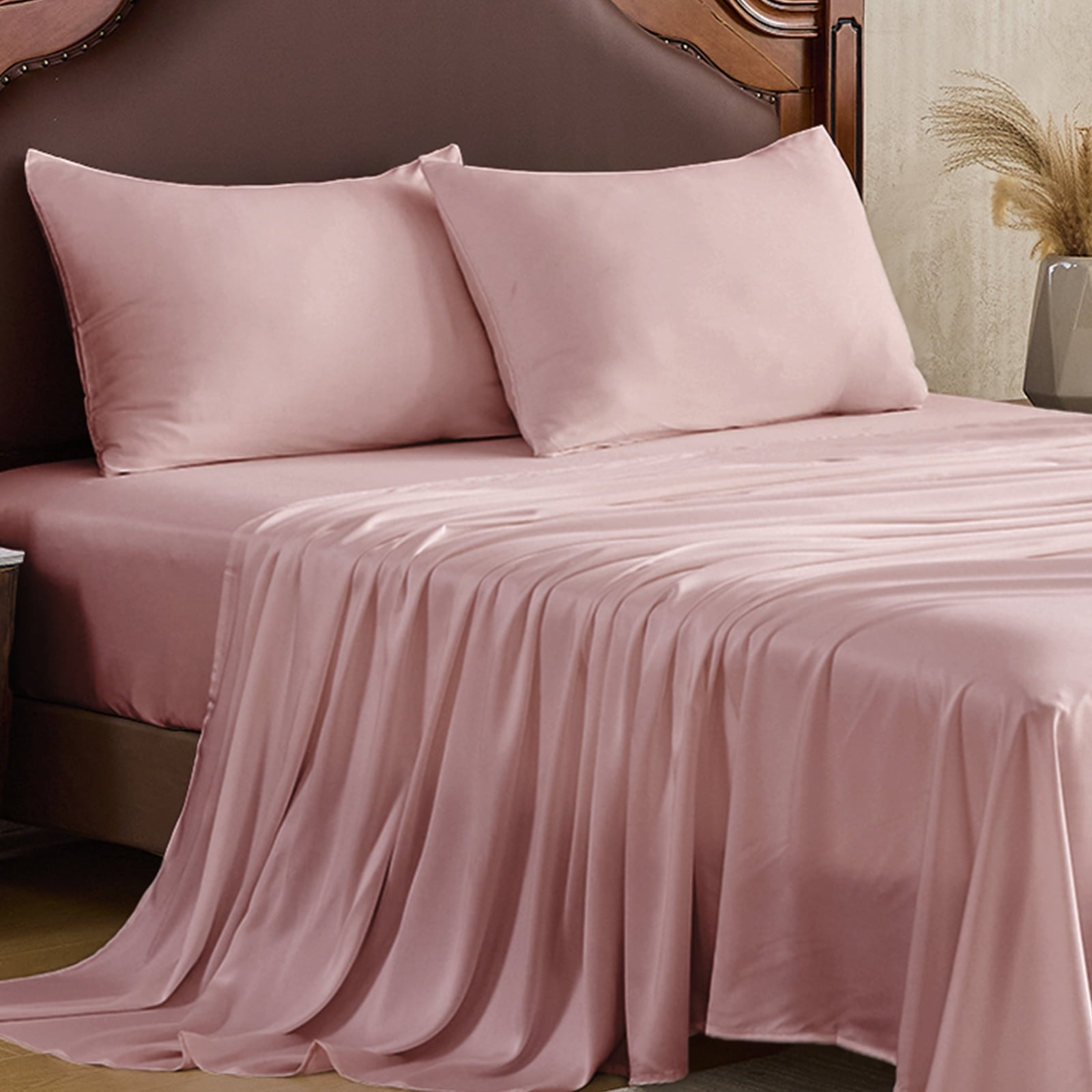 Hitime 4PC Bamboo Queen Sheet Set, Deep Pocket Fit 16", Breathable Super Soft Luxury Hotel Style Home Decor Queen Size Sheet Set, Gift for Women, Men - 2 Pillowcases, 1 Flat Sheet, 1 Fitted Sheet