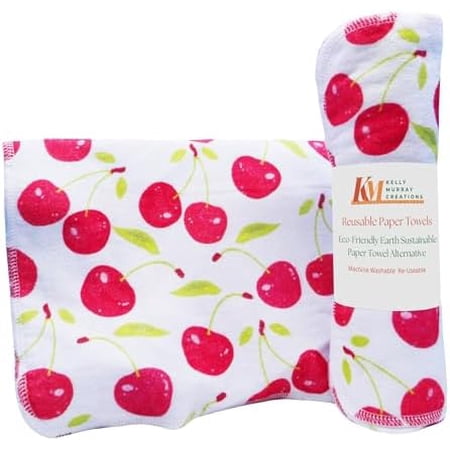 Pack of 10 Reusable Paper Towels | 10×10 Inch Cotton Towels | Kitchen Utensils Print | Eco Friendly Washable Quick Drying | Sustainable Cleaning Cloths | Cherries