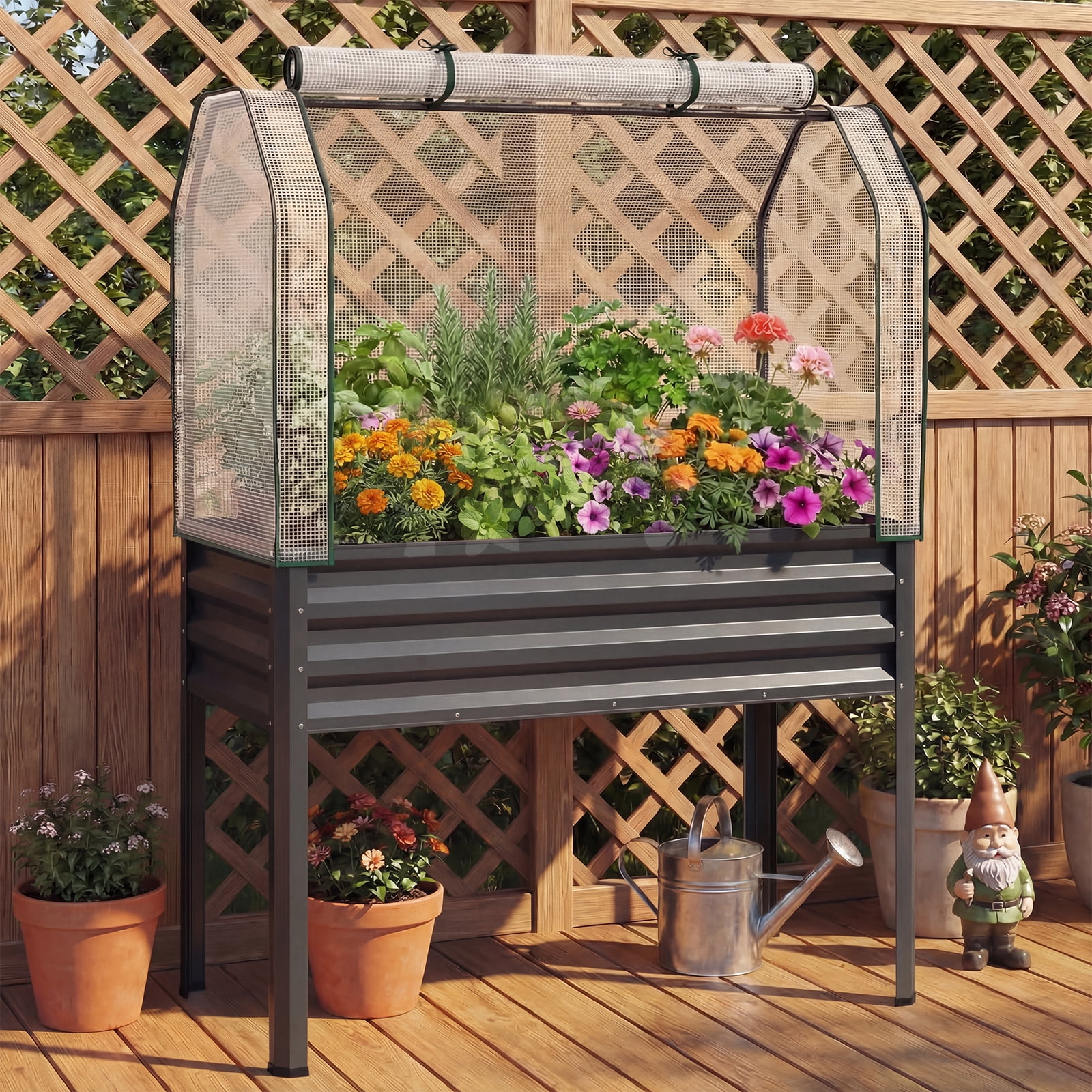 Costway 1 PCS Galvanized Raised Garden Bed with Legs Greenhouse Cover Roll-up Door for Vegetable Gray